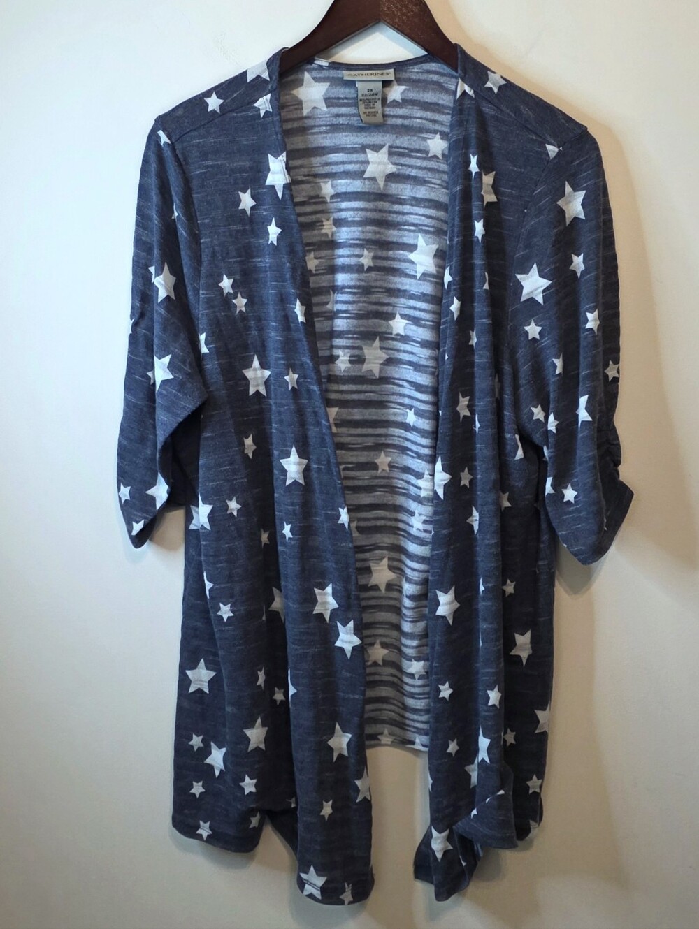 Catherines Open Front Cardigan Blue White Stars Celestial Size 2X Lightweight